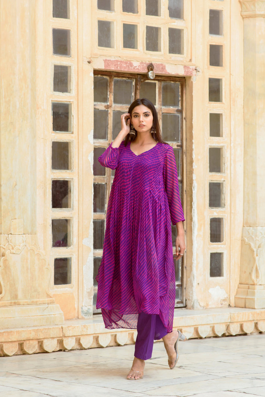 Georgette Rang Purple Leheriya Straight Kurta Set With Dupatta