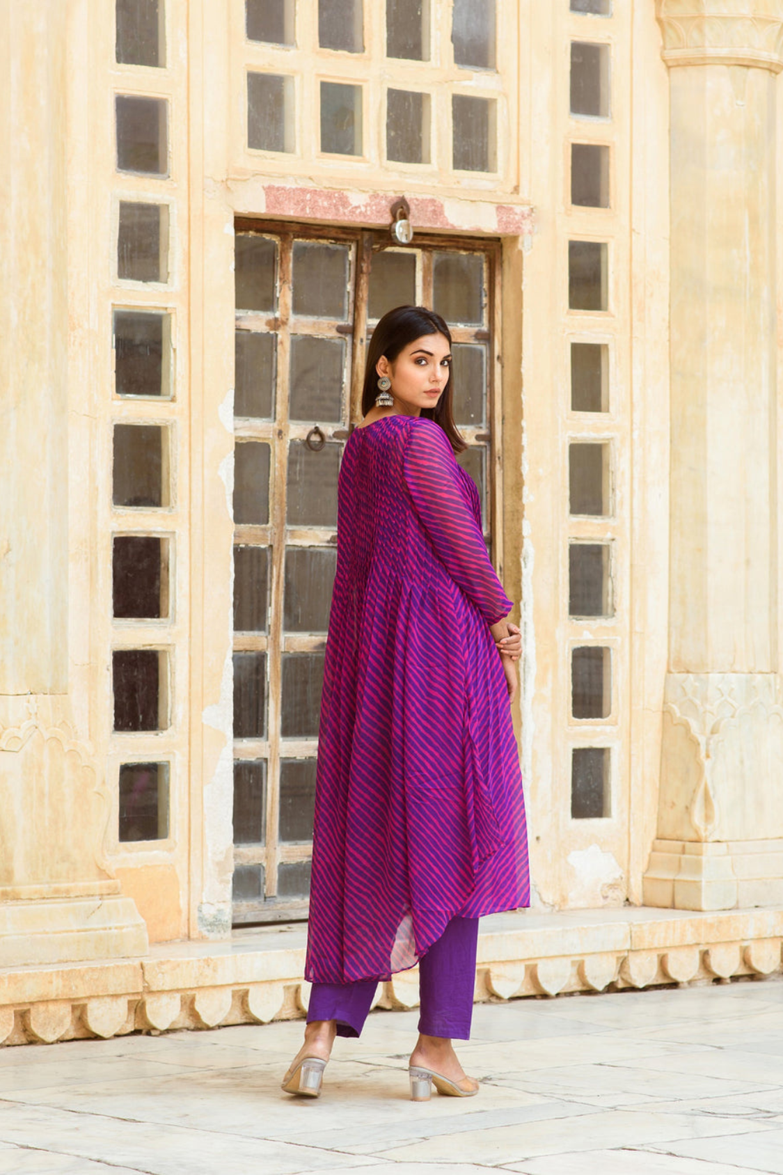 Georgette Rang Purple Leheriya Straight Kurta Set With Dupatta