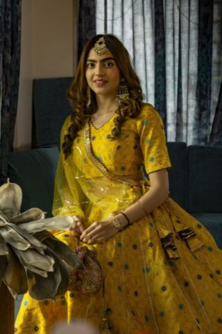 Floral Brocade Aisha Yellow Lehenga Set With Organza Dupatta