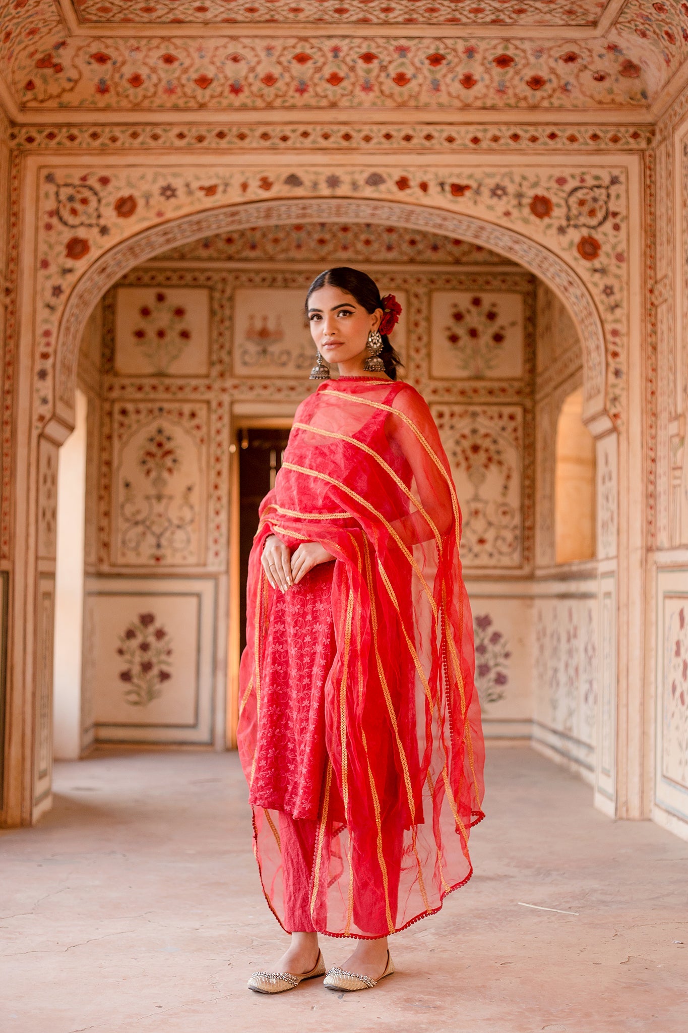 Imrat Cut Sleeves Red Straight Set