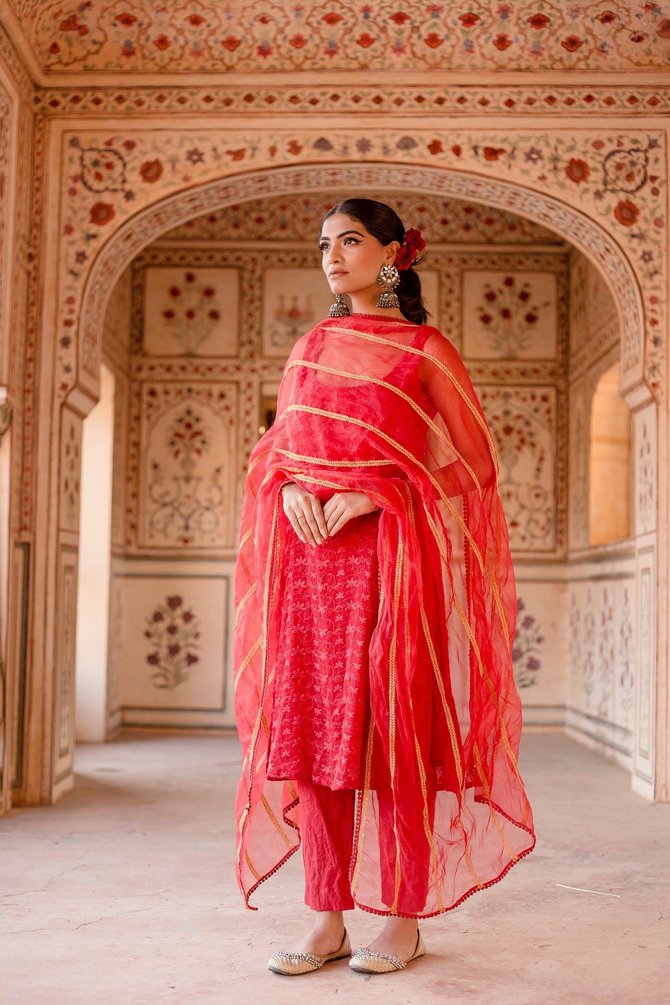 Imrat Cut Sleeves Red Straight Set