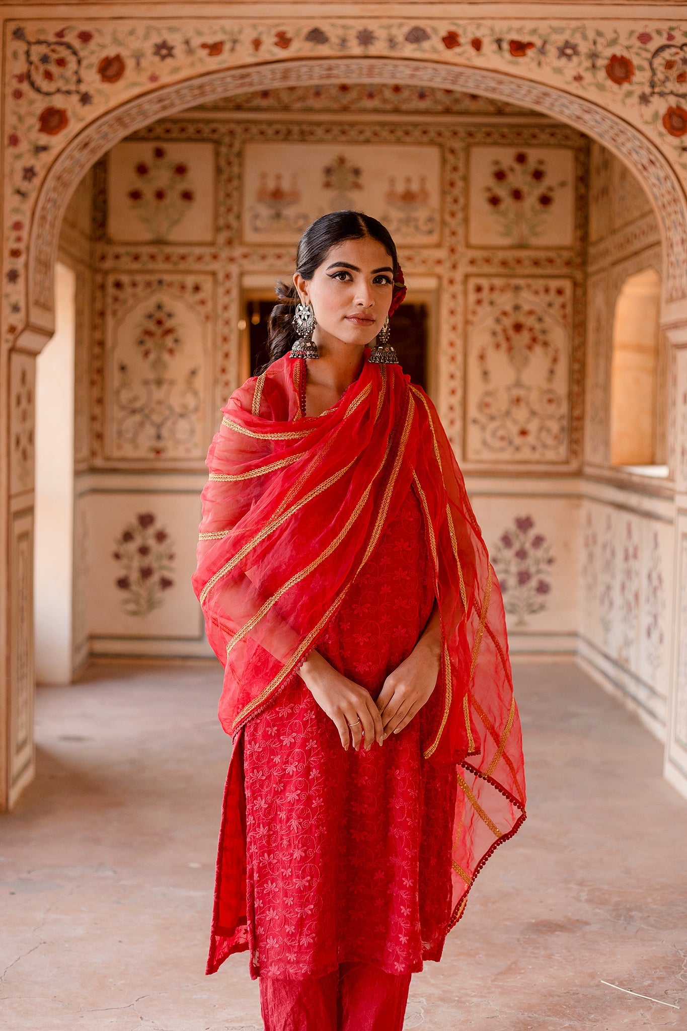 Imrat Cut Sleeves Red Straight Set