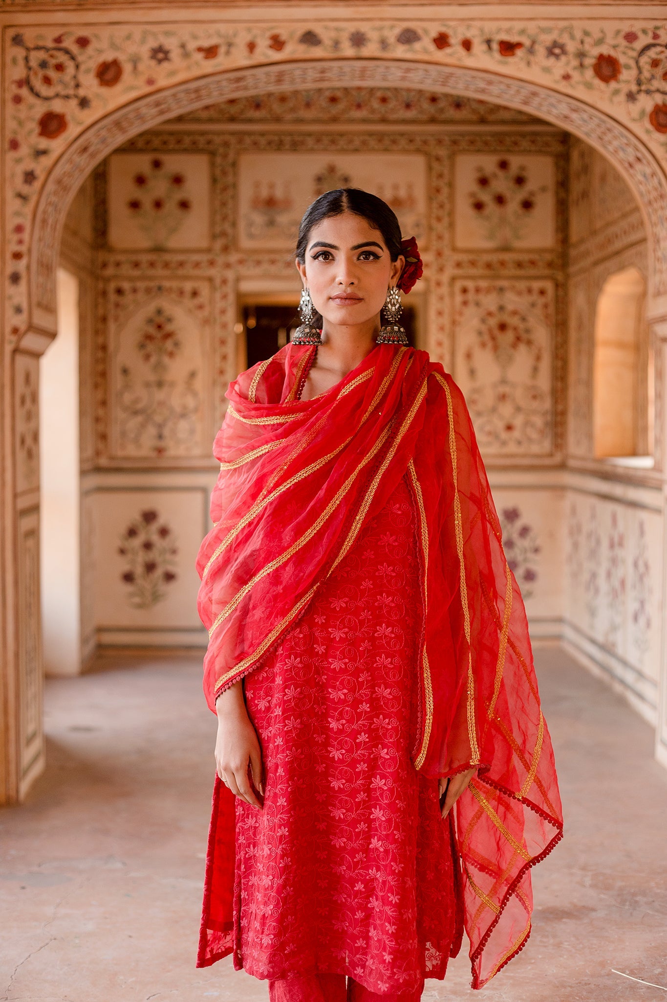 Imrat Cut Sleeves Red Straight Set