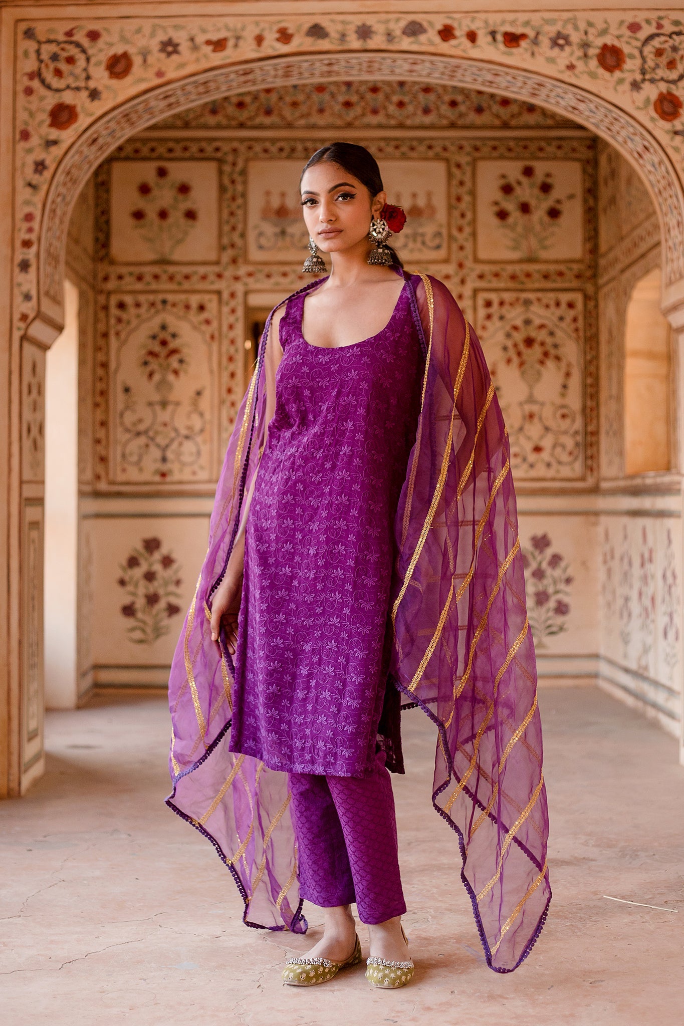 Imrat Cut Sleeves Purple Straight Set