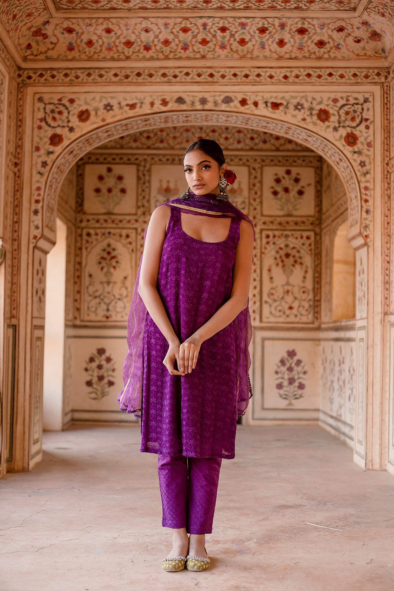 Imrat Cut Sleeves Purple Straight Set