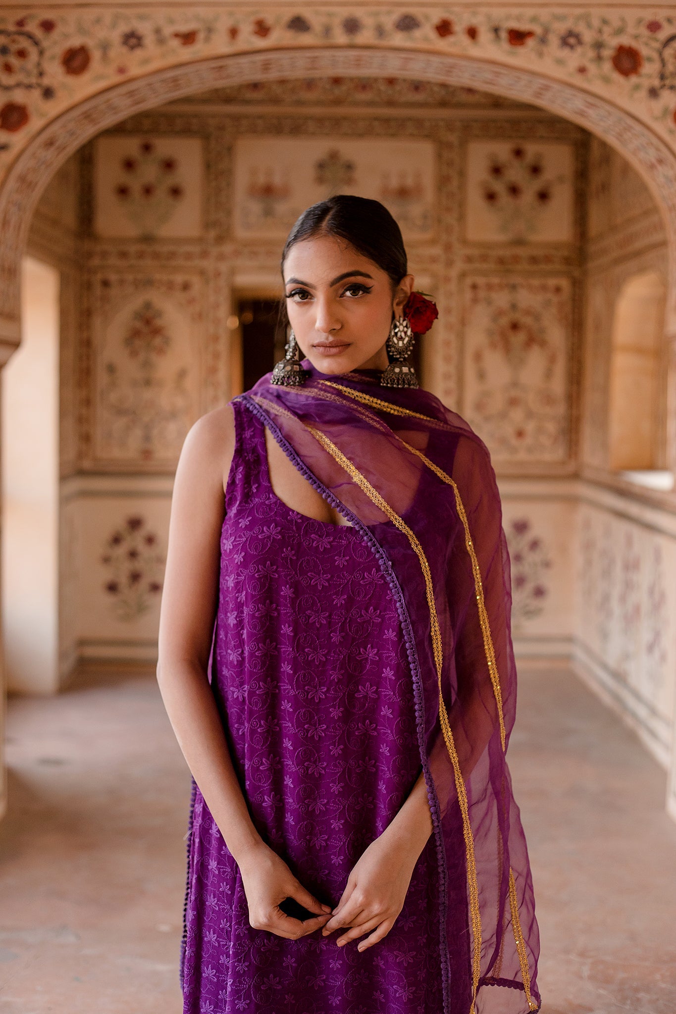 Imrat Cut Sleeves Purple Straight Set