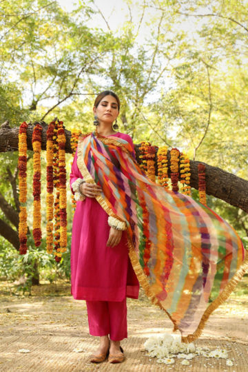 HEMA PINK SILK STRAIGHT SET WITH LEHERIYA DUPATTA