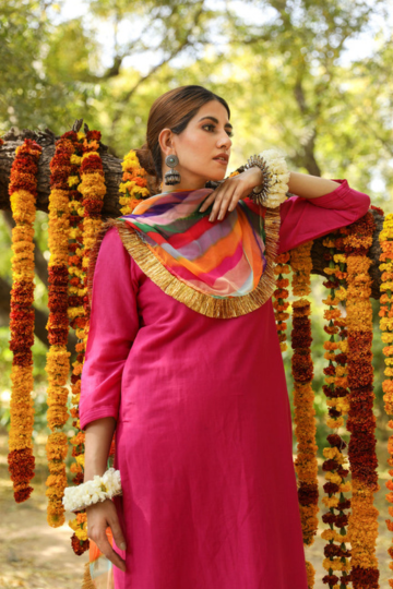 HEMA PINK SILK STRAIGHT SET WITH LEHERIYA DUPATTA