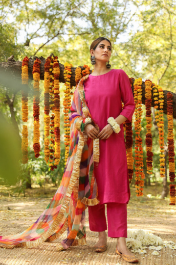 HEMA PINK SILK STRAIGHT SET WITH LEHERIYA DUPATTA