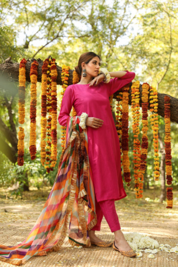 HEMA PINK SILK STRAIGHT SET WITH LEHERIYA DUPATTA