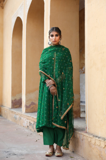 Bhandej Georgette Gomti Green Set with Dupatta