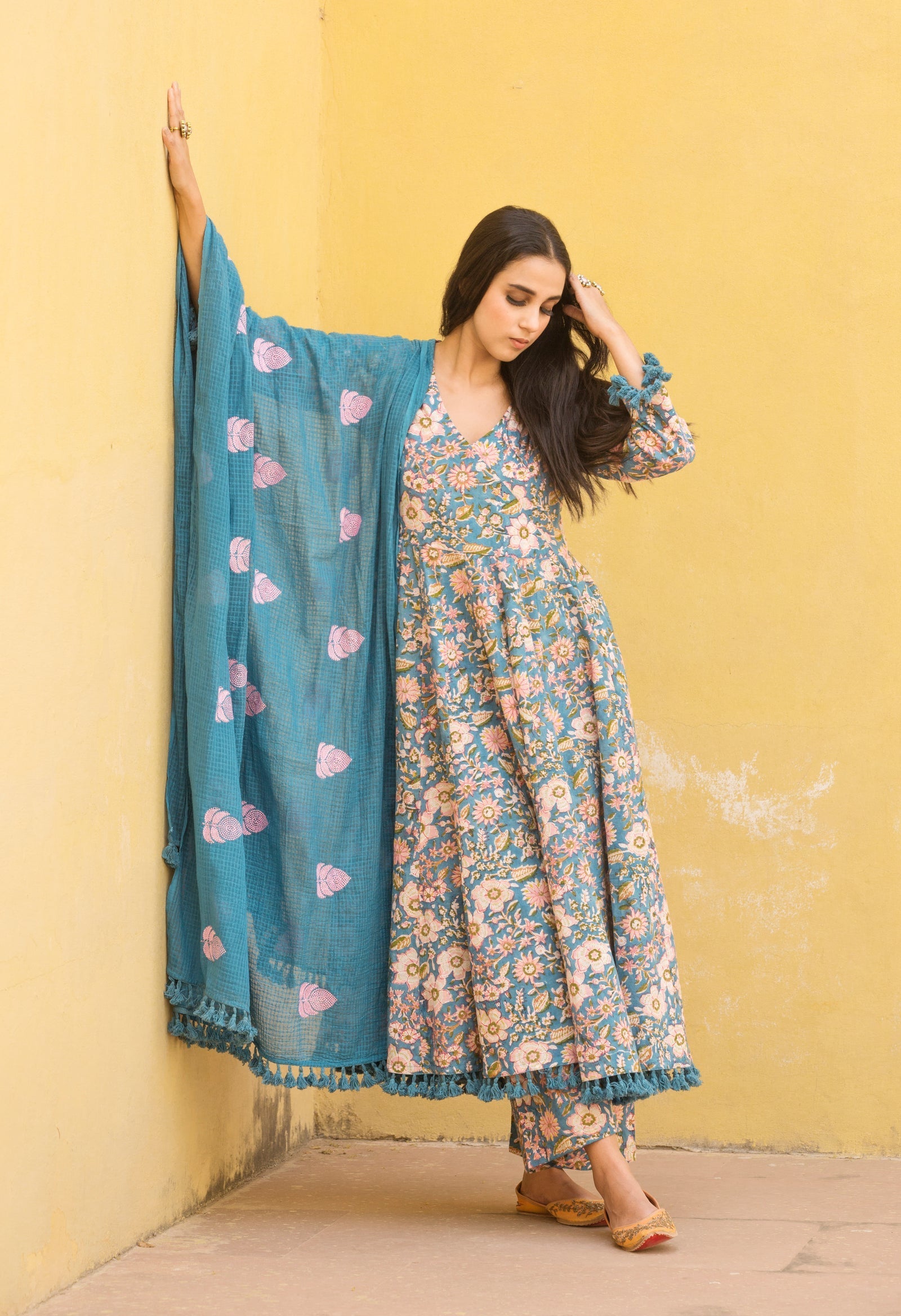 ACACIA BLUE BLOCK PRINT COTTON ANARKALI SET WITH EMBROIDERED DORIYA DUPATTA