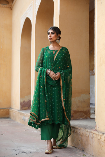 Bhandej Georgette Gomti Green Set with Dupatta