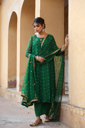 Bhandej Georgette Gomti Green Set with Dupatta