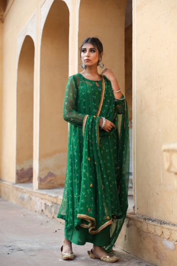 Bhandej Georgette Gomti Green Set with Dupatta