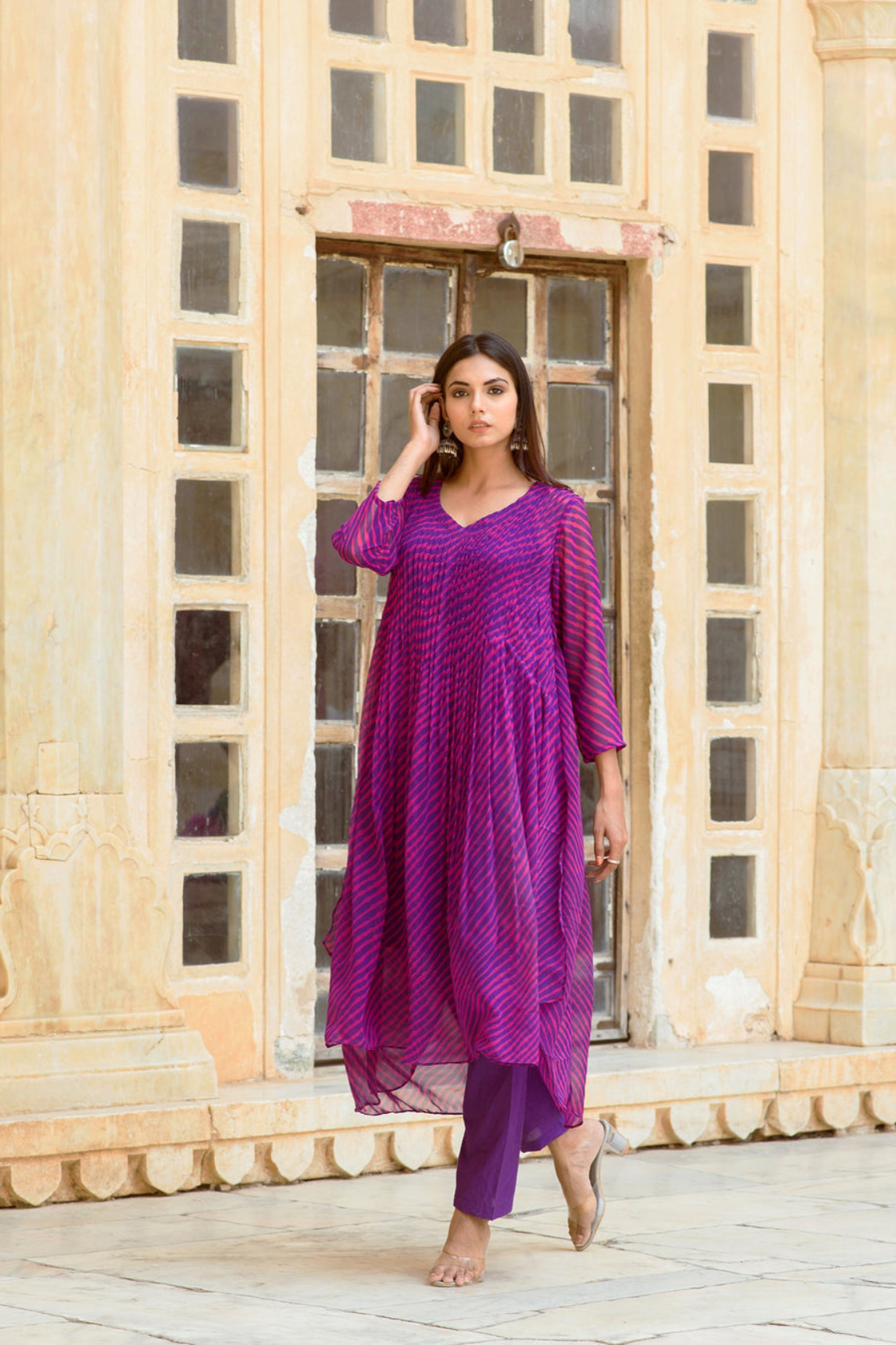 Georgette Rang Purple Leheriya Straight Kurta Set with Dupatta