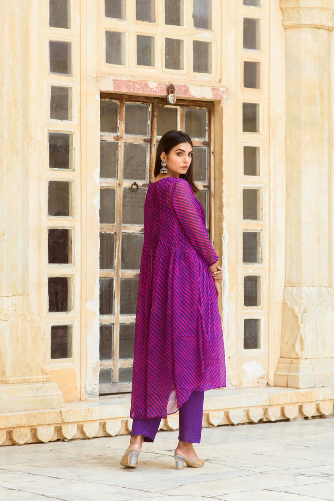 Georgette Rang Purple Leheriya Straight Kurta Set with Dupatta