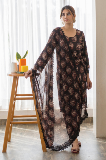 JASMINE BLACK COTTON STRAIGHT KURTA SET WITH DORIYA DUPATTA