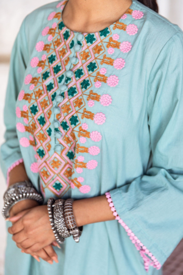 EMBROIDERED BLUE COTTON KURTA FOR WOMEN WITH PANTS