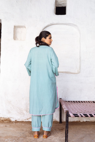 EMBROIDERED BLUE COTTON KURTA FOR WOMEN WITH PANTS