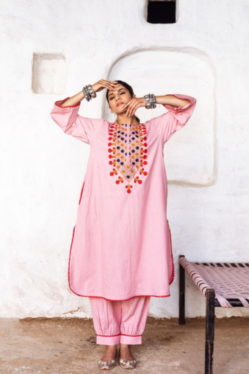 EMBROIDERED PEACH LONG COTTON KURTA SET FOR WOMEN WITH PANTS