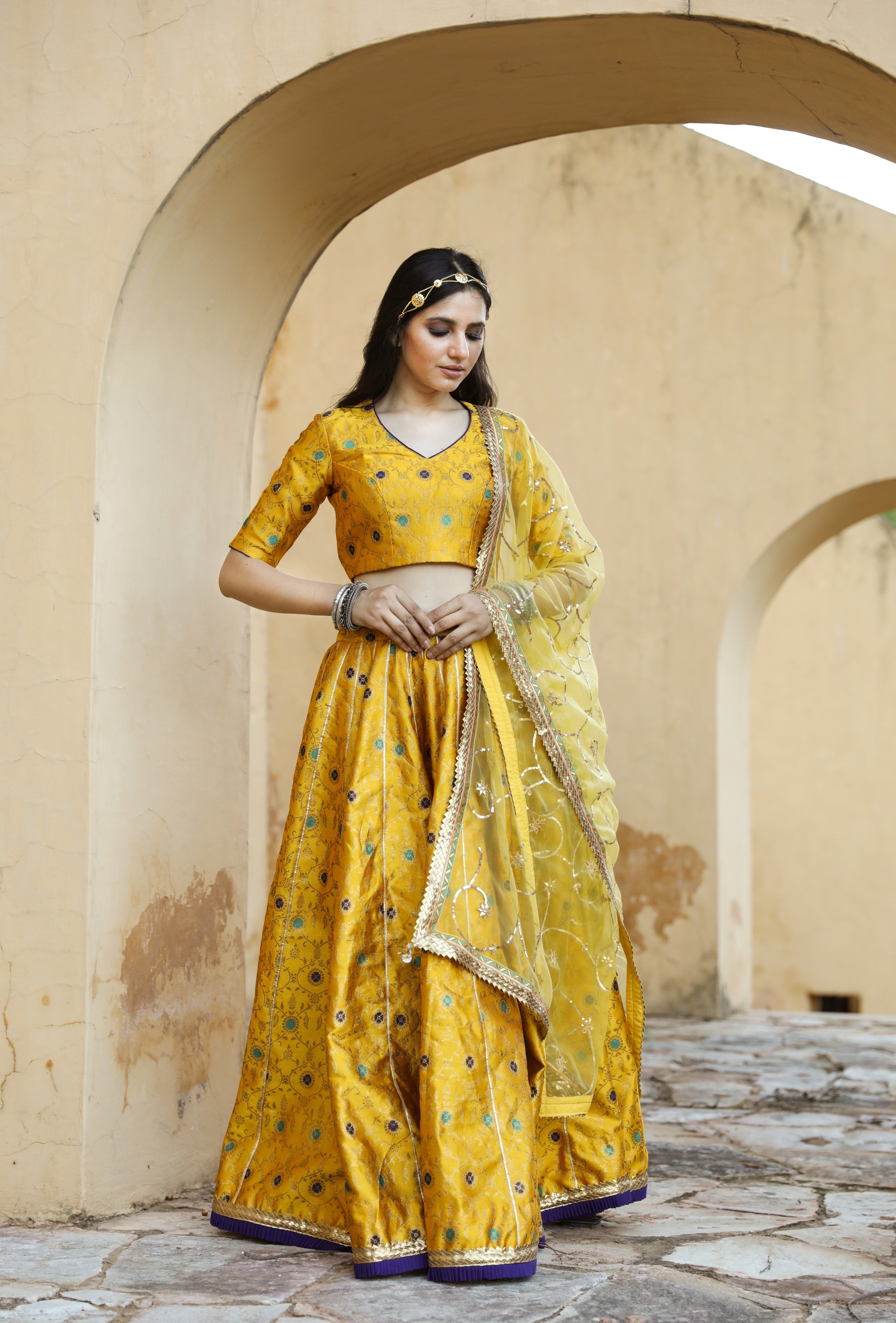 FLORAL BROCADE AISHA YELLOW LEHENGA SET WITH ORGANZA DUPATTA