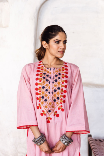 EMBROIDERED PEACH LONG COTTON KURTA SET FOR WOMEN WITH PANTS