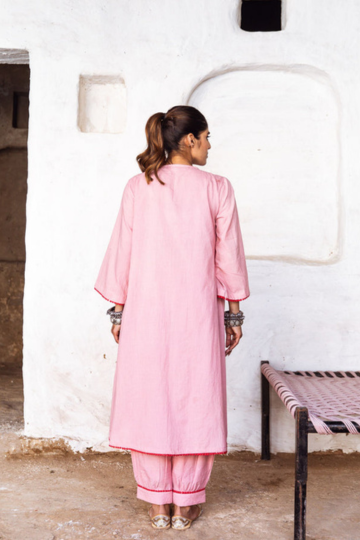 EMBROIDERED PEACH LONG COTTON KURTA SET FOR WOMEN WITH PANTS