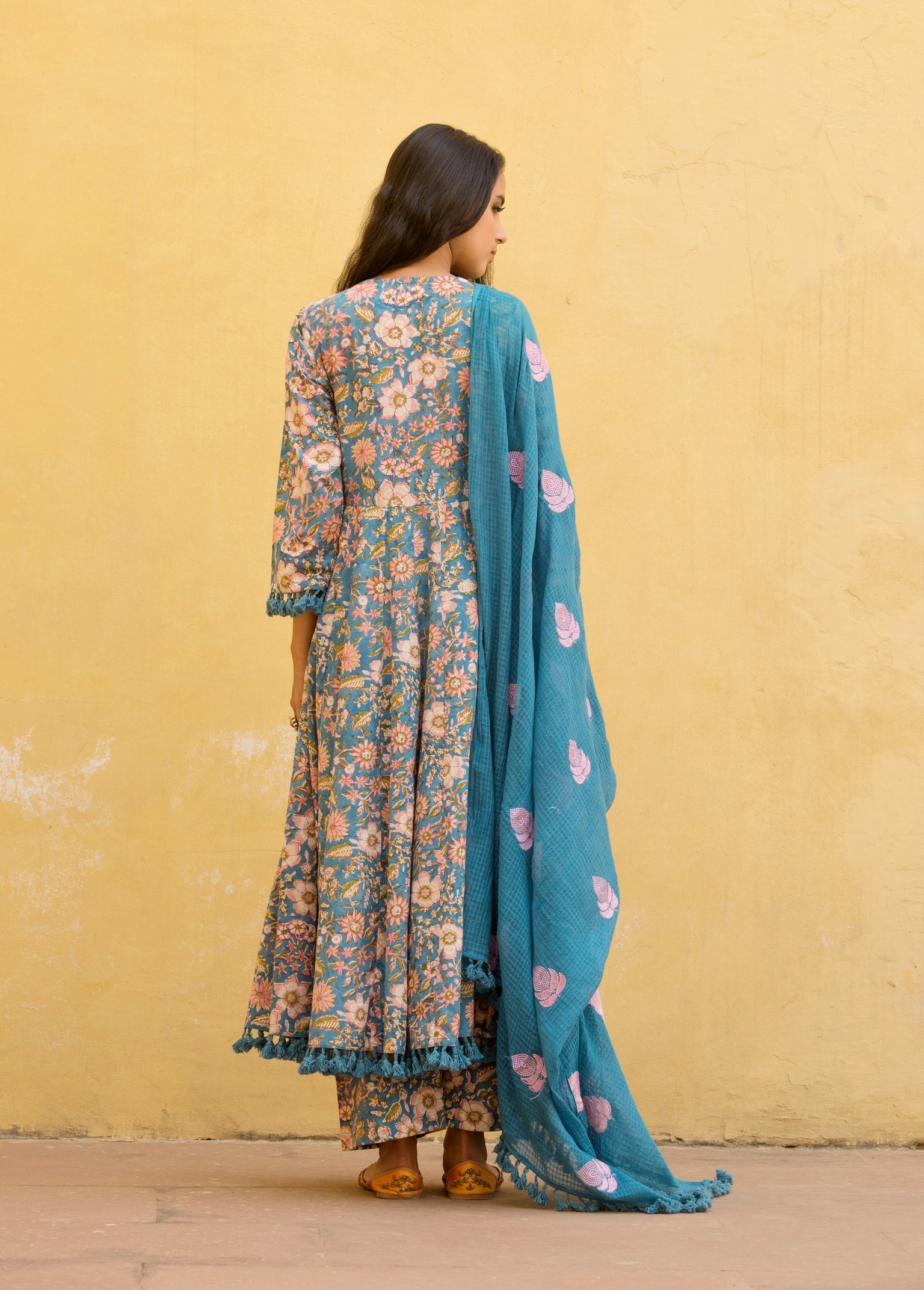 ACACIA BLUE BLOCK PRINT COTTON ANARKALI SET WITH EMBROIDERED DORIYA DUPATTA