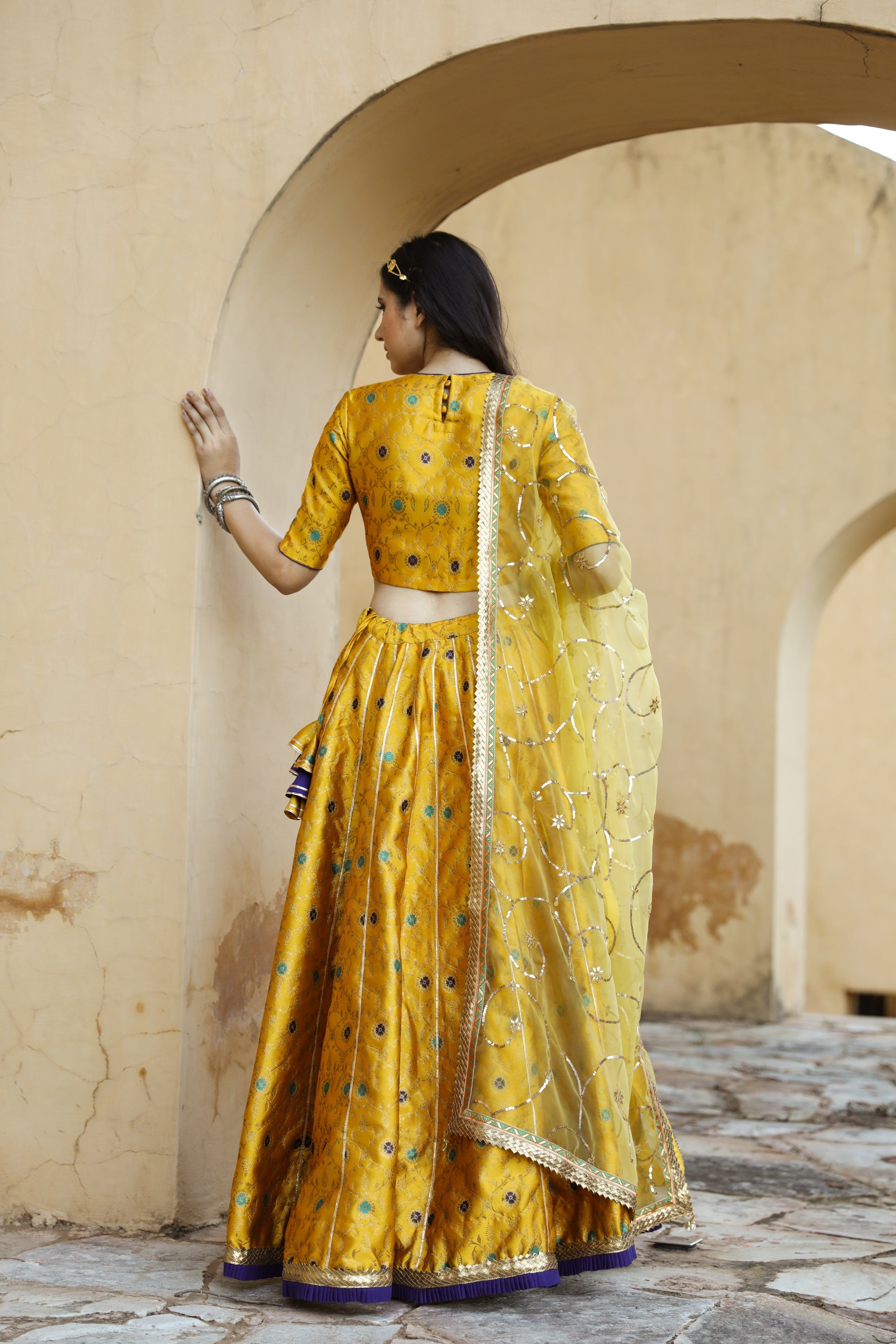 FLORAL BROCADE AISHA YELLOW LEHENGA SET WITH ORGANZA DUPATTA