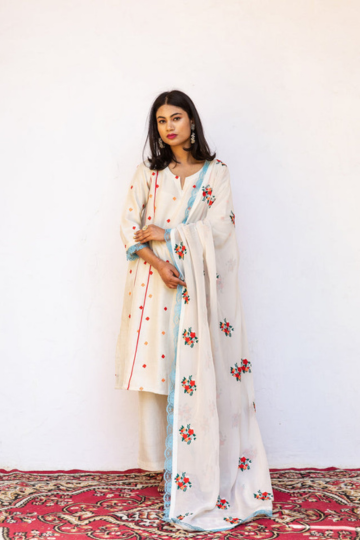 Muslin Amaira White Straight Kurta Set with Organza Dupatta