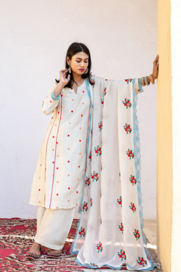 Muslin Amaira White Straight Kurta Set with Organza Dupatta