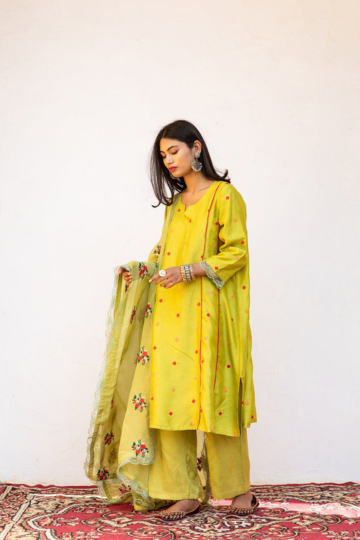 Muslin Amaira Green Straight Kurta Set with Organza Dupatta