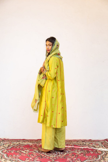 Muslin Amaira Green Straight Kurta Set with Organza Dupatta