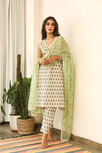 BLOCK PRINT KUSHA OFFWHITE STRAIGHT KURTA SET WITH DORIYA DUPATTA