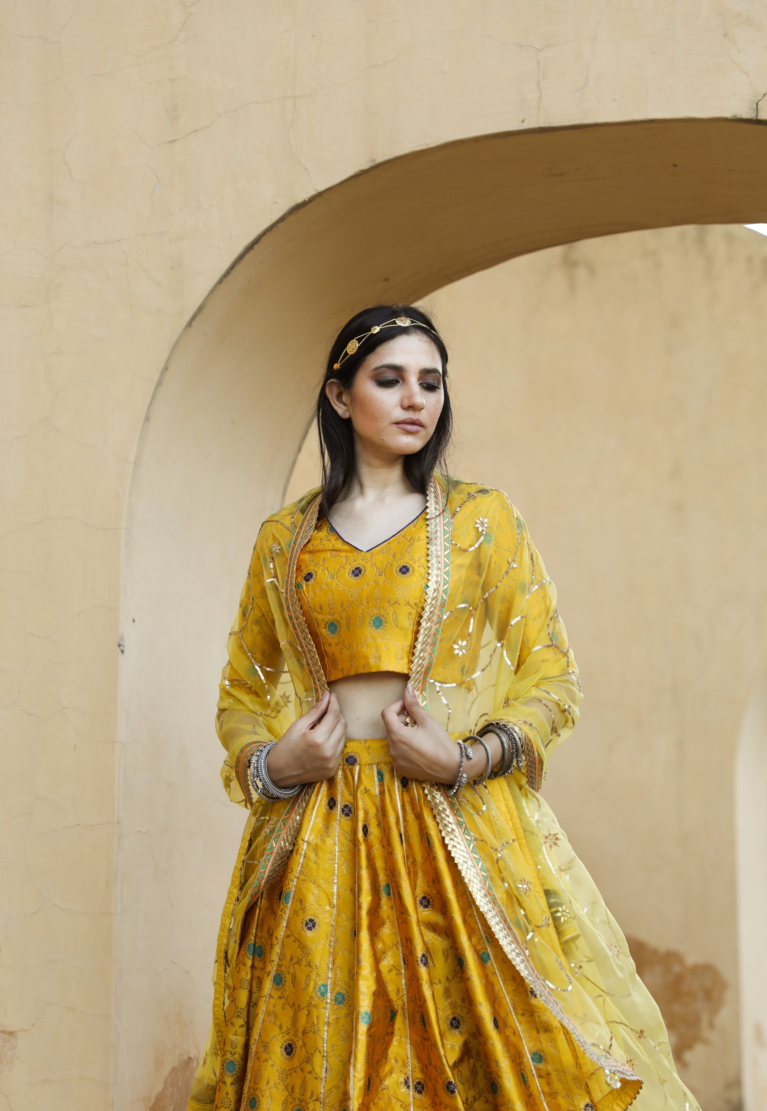 FLORAL BROCADE AISHA YELLOW LEHENGA SET WITH ORGANZA DUPATTA