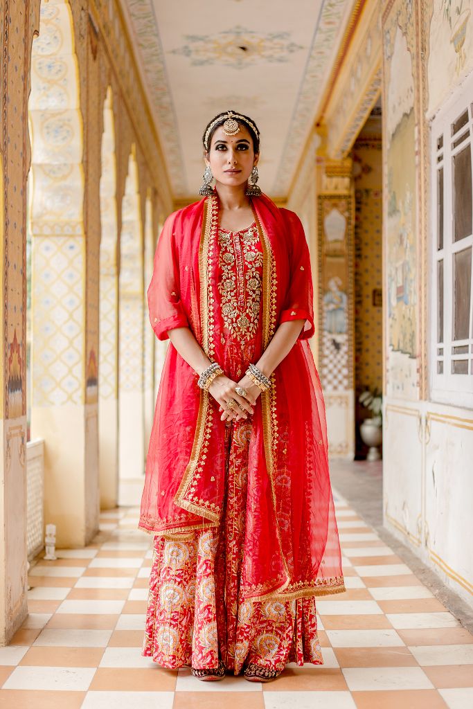 ATEFA RED SHARARA SET Gulabo Jaipur