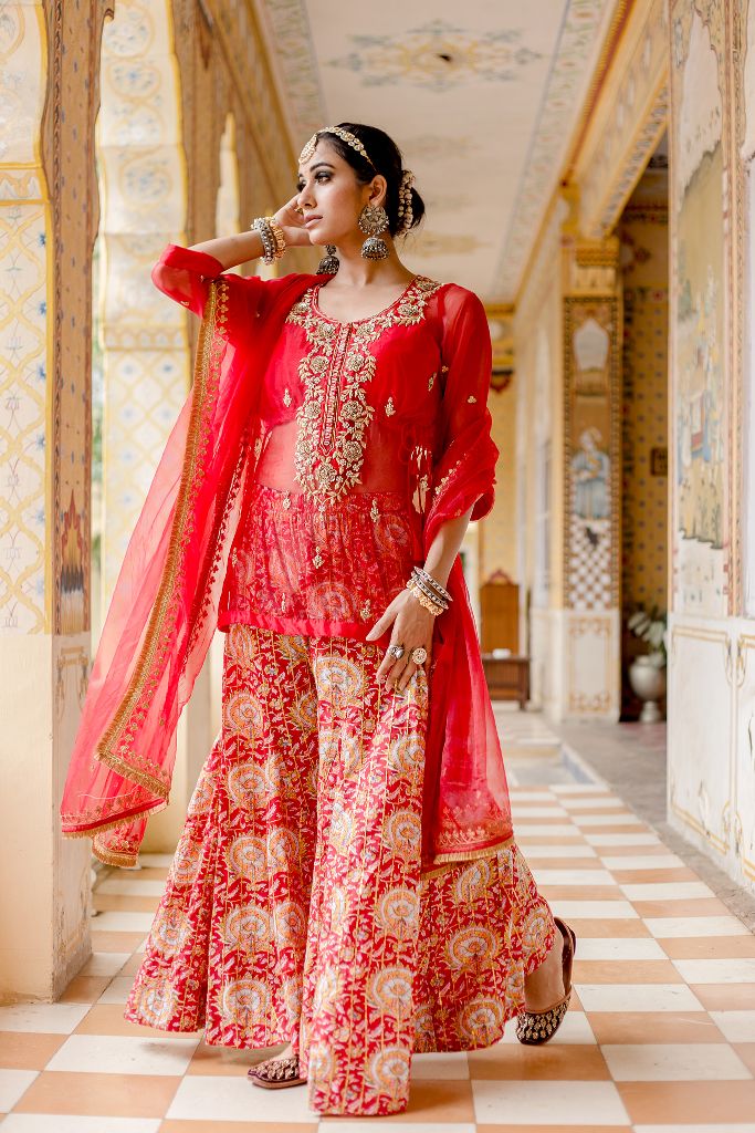 ATEFA RED SHARARA SET Gulabo Jaipur