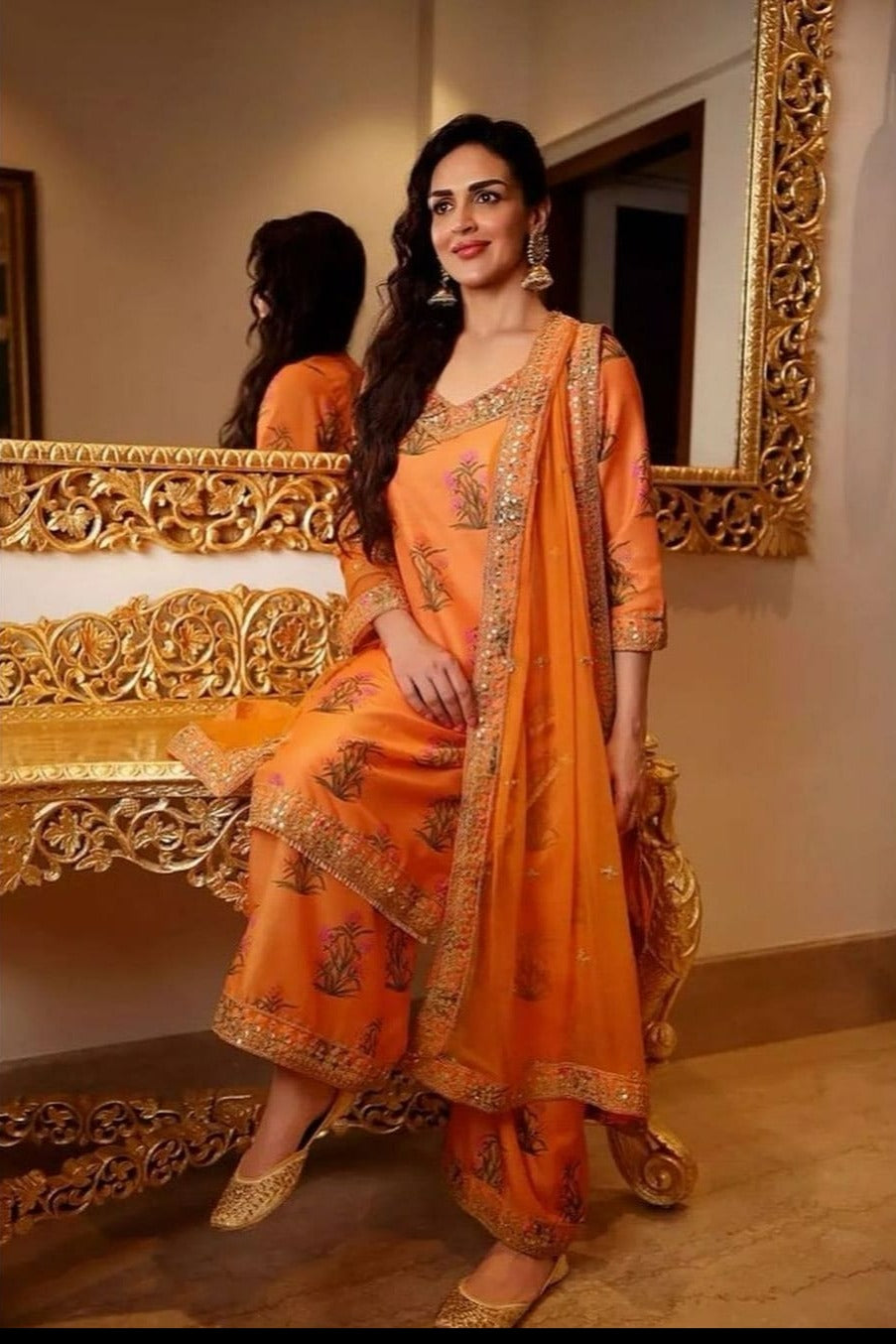 Esha Deol in Mehreen Orange Set Gulabo Jaipur