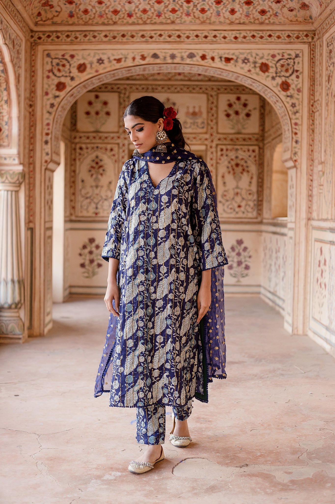 ARUNA BLUE PEACOCK STRAIGHT SET