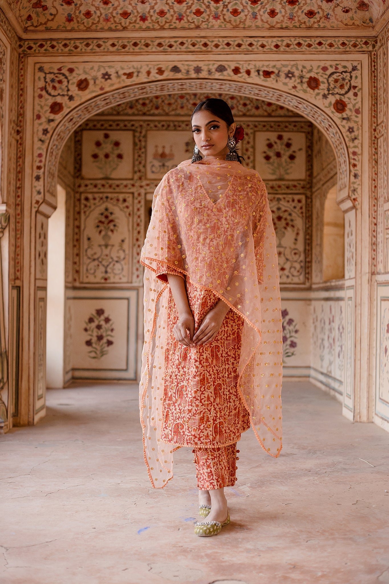 ARUNA PEACH PEACOCK STRAIGHT SET