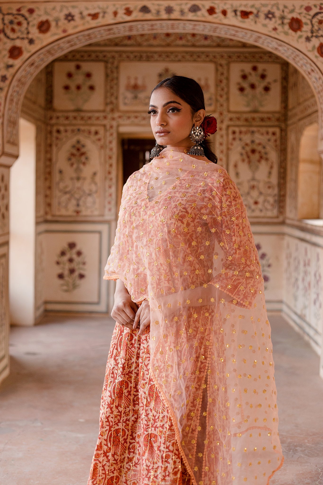 ARUNA PEACH PEACOCK STRAIGHT SET