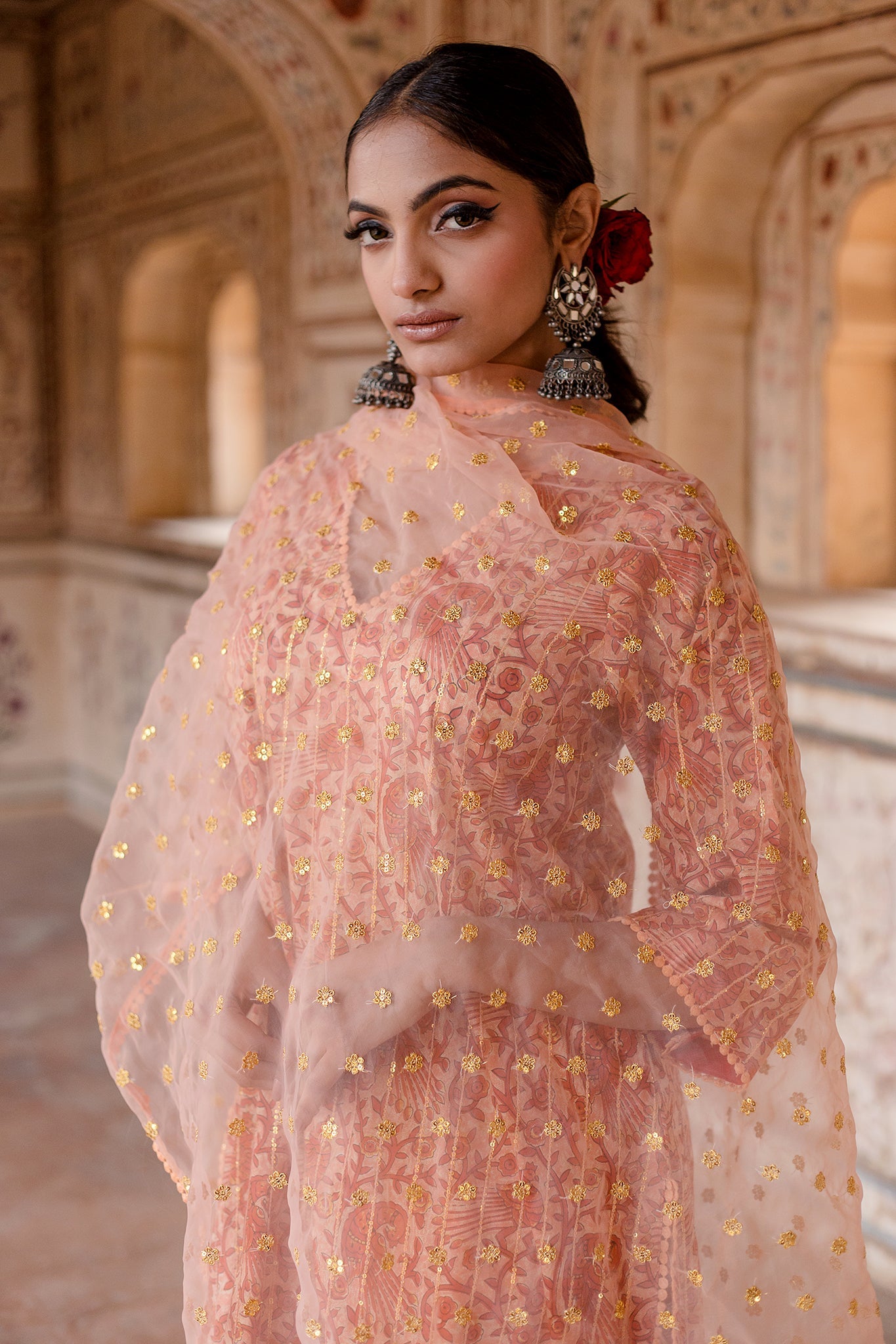 ARUNA PEACH PEACOCK STRAIGHT SET