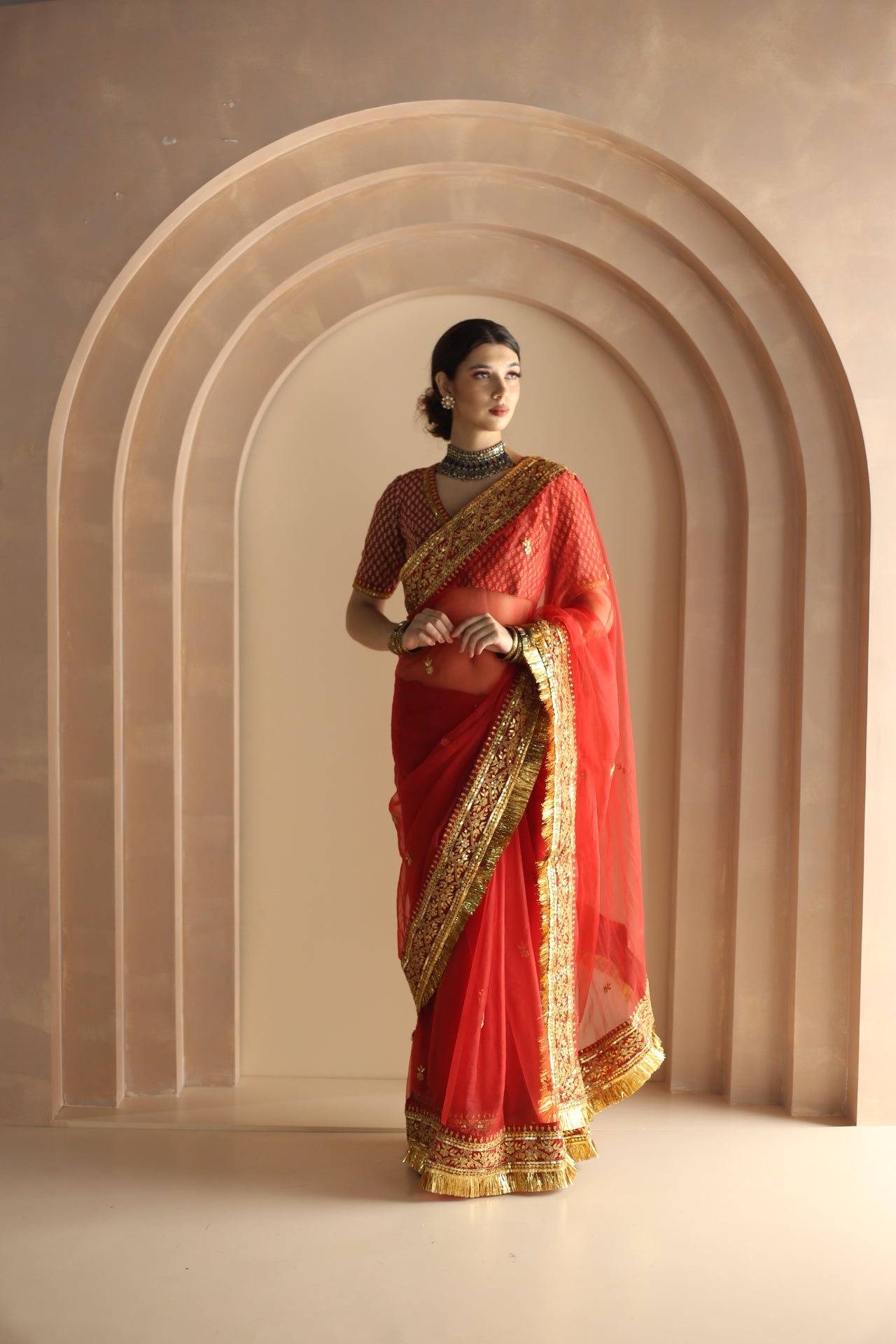 GULREZ ORGANZA SAREE KACHI PATTI DETAILING SCALLOPED EDGES