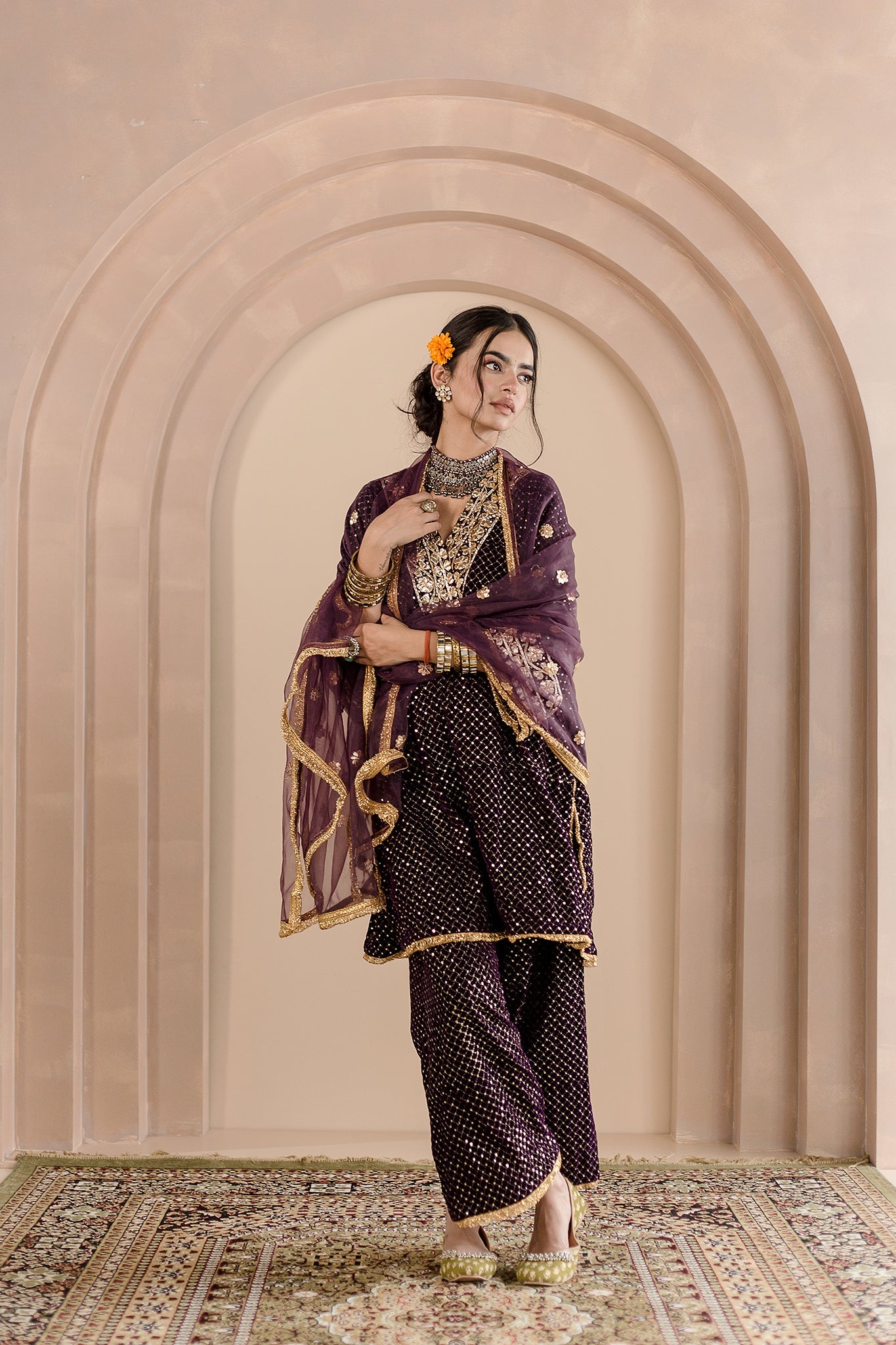 GOTA PATTI DETAILING GAUHAR PURPLE VELVET KURTA SET WITH ORGANZA DUPATTA