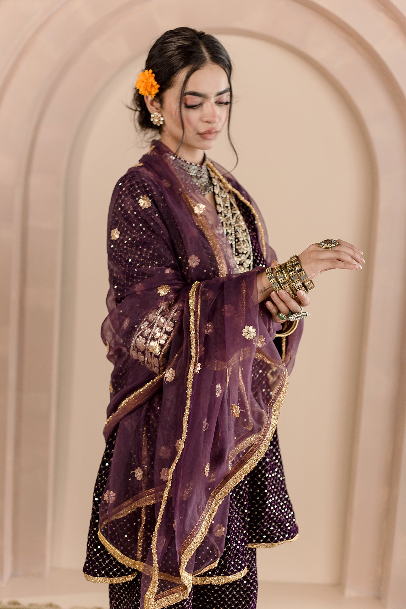 GOTA PATTI DETAILING GAUHAR PURPLE VELVET KURTA SET WITH ORGANZA DUPATTA