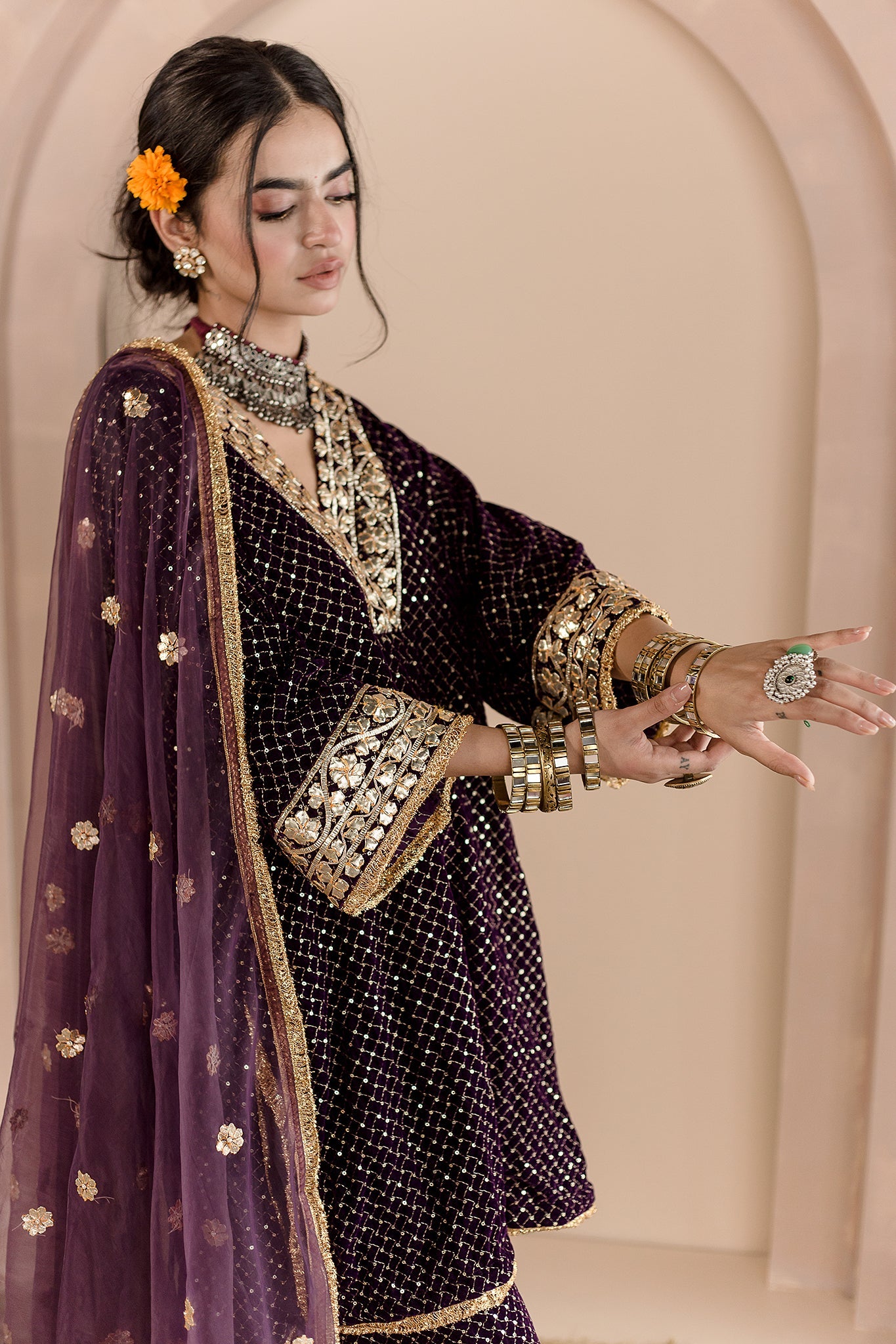 GOTA PATTI DETAILING GAUHAR PURPLE VELVET KURTA SET WITH ORGANZA DUPATTA