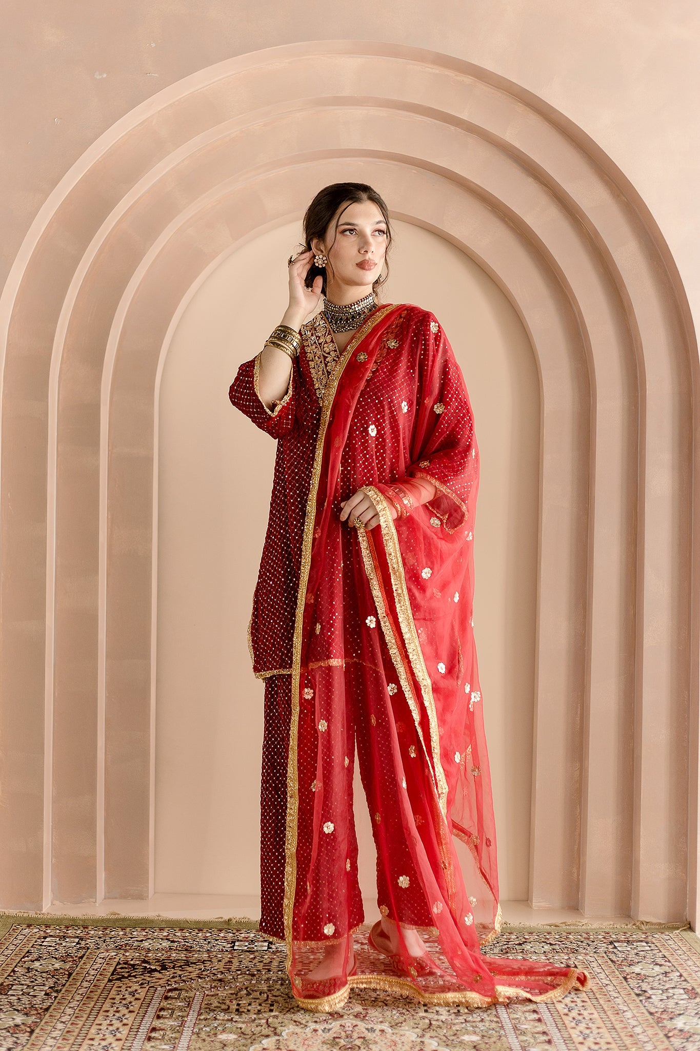 GOTA PATTI DETAILING GAUHAR RED VELVET KURTA SET WITH ORGANZA DUPATTA