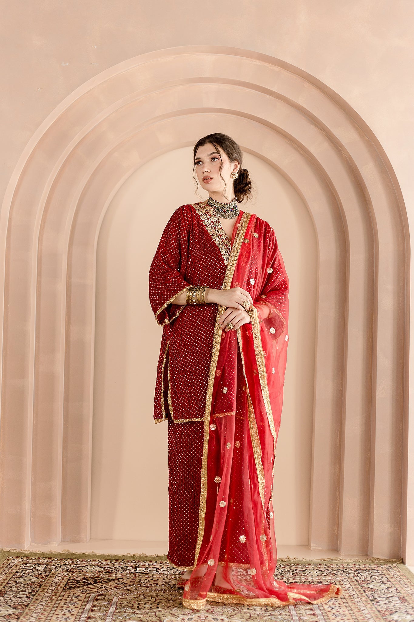 GOTA PATTI DETAILING GAUHAR RED VELVET KURTA SET WITH ORGANZA DUPATTA