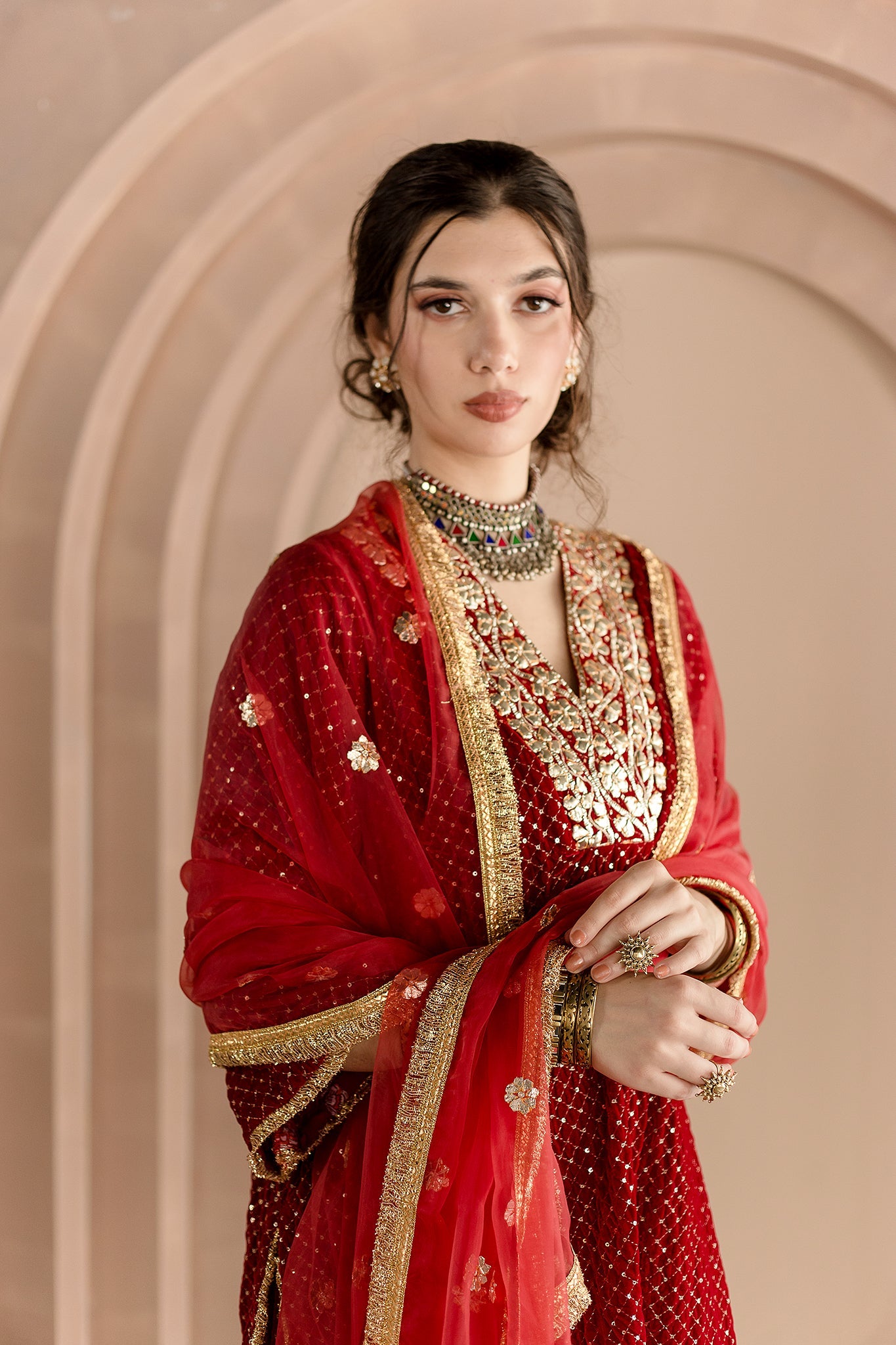 GOTA PATTI DETAILING GAUHAR RED VELVET KURTA SET WITH ORGANZA DUPATTA